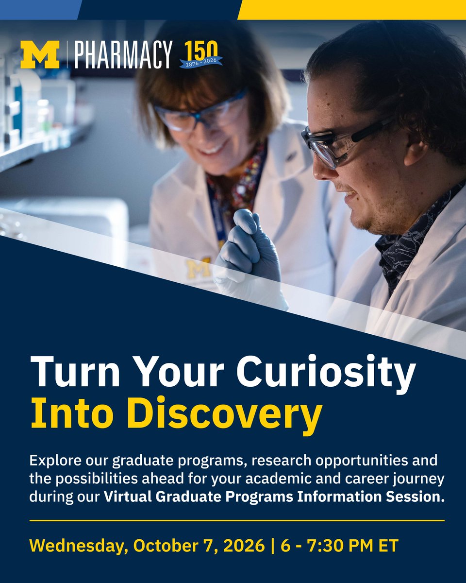 UMichPharmacy's tweet photo. What could you discover next?

Turn your curiosity into discovery at our Virtual Graduate Programs Information Session next Wednesday, Oct. 7, from 6 to 7:30 p.m.

Register today: https://t.co/kJ8RPlx8Ur https://t.co/3Si84vHUJq