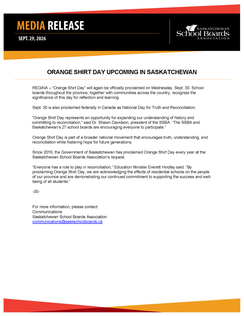 SaskSchoolBoard's tweet photo. News Release: Orange Shirt Day Upcoming in Saskatchewan https://t.co/X3FdL04jWf #sasked https://t.co/w9kkbub8Zd
