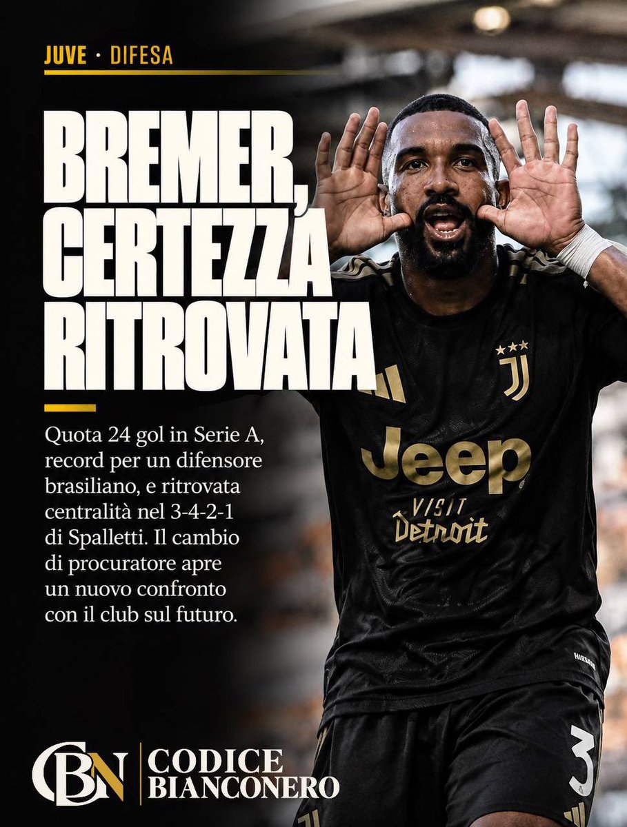 CodBianconero's tweet photo. Ci sono difensori che segnano, e difensori che diventano una sentenza in area avversaria. Bremer è il secondo caso.

Il brasiliano ha toccato quota 24 gol in Serie A, la maggior parte di testa, diventando il centrale straniero più prolifico nella storia del campionato. Dopo lo stop del 2024 ha ritrovato peso e continuità, tornando perno del 3-4-2-1 di Spalletti. Sullo sfondo, il cambio di procuratore che riapre il confronto con il club sul futuro.

Quanto vale, per una squadra che riparte, avere di nuovo la sua certezza più grande nel cuore della difesa? A volte il colpo migliore è il giocatore che avevi già in casa.

Fonte: Codice Bianconero

👑

#Juventus #Bremer #SerieA #Spalletti