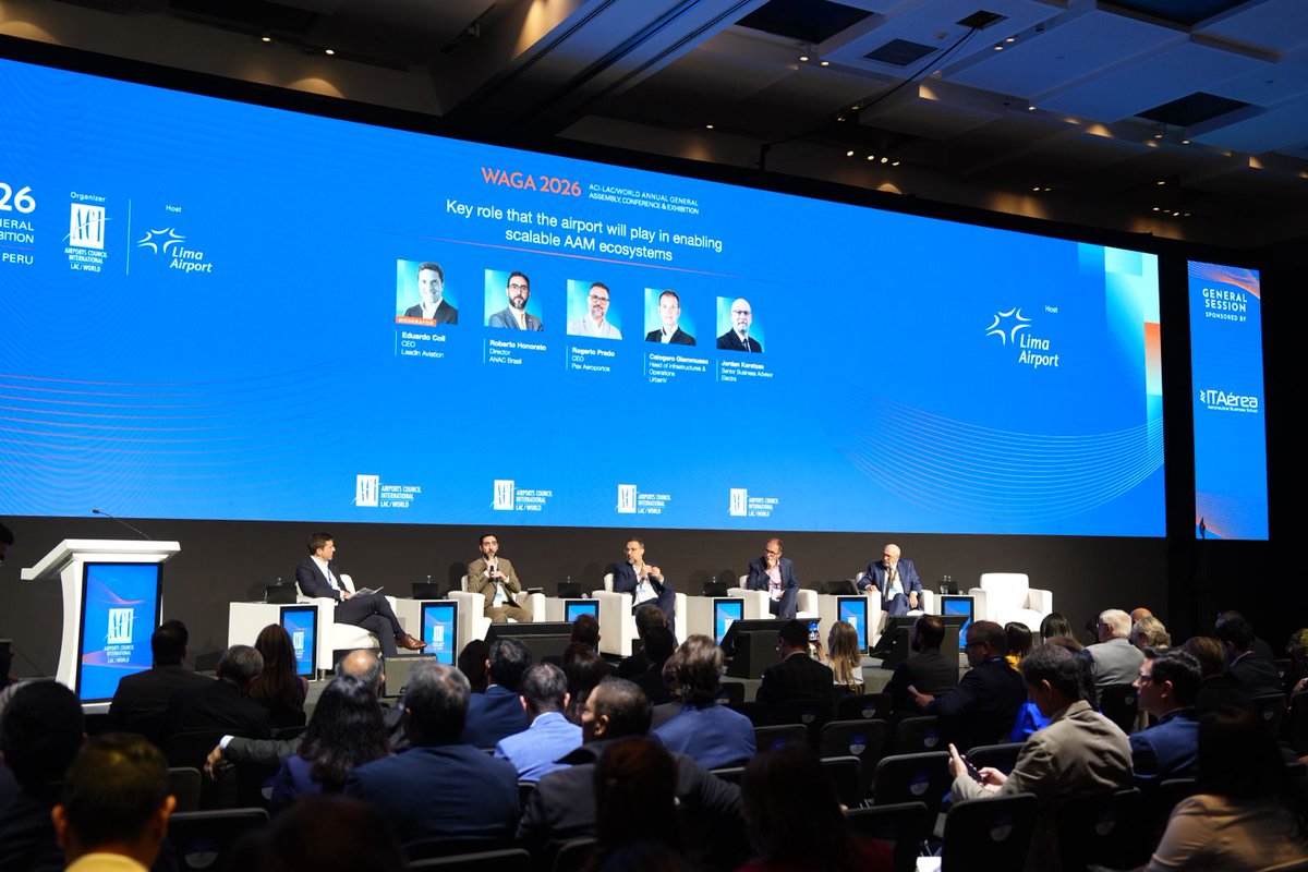 ACIWorld's tweet photo. 🔴 What role will airports play in enabling scalable Advanced Air Mobility (AAM) ecosystems?

At #WAGA2026, industry leaders explore the role of airports in the future of AAM.

On the panel:

- Roberto Honorato, ANAC Brasil
- Rogerio Prado, CEO, Pax Aeroportos
- Calogero Giammusso, Head of Infrastructures & Operations, UrbanV
- Jordan Karatzas, Senior Business Advisor, @ElectraAero

Moderated by Eduardo Coll, CEO, Leadin Aviation.

#ACIWorld

@AeroJorgeChavez @ACI_LAC