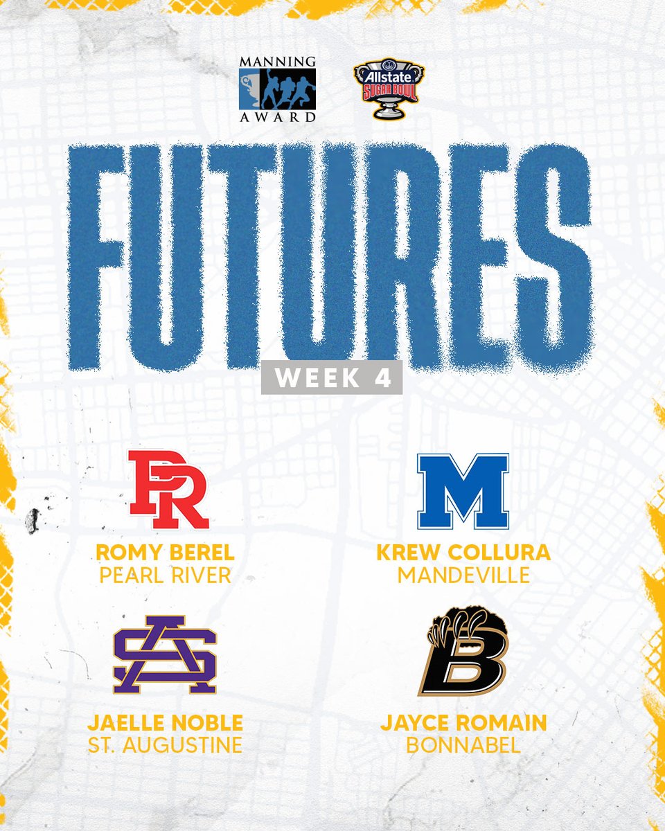 ManningAward's tweet photo. 🏈 The @Allstate #SugarBowl presents this week's #ManningAward Futures, recognizing four #NOLA area HS QBs for their outstanding performances this weekend!

🏆 Romy Berel, Pearl River
🏆 Krew Collura, Mandeville
🏆 Jaelle Noble, St. Augustine
🏆 Jayce Romain, Bonnabel https://t.co/DxzDxRCl6e