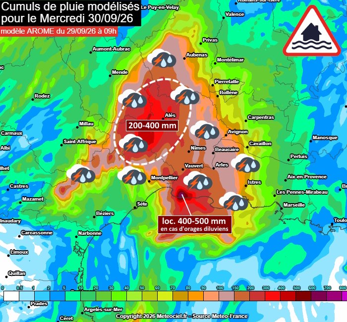 Meteovilles's tweet photo. ⛈️ L'épisode méditerranéen s'annonce important sur les #Cévennes et la plaine du #Languedoc ce mercredi 30 septembre 2026. Certaines modélisations vont jusqu'à 300-400 mm voire 500 mm, faisant craindre des #inondations importantes. (via @meteociel) https://t.co/5NcQnR6ZTN