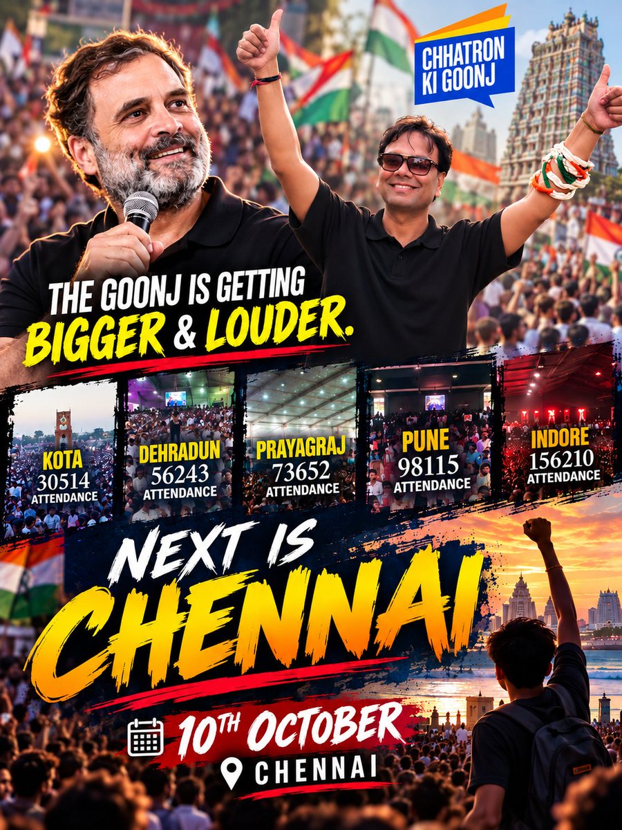 Ashish_HLA's tweet photo. Hey Students !! Next is Chennai 💪🏼
#ChhatronKiGoonj #RahulGandhi 
#StudentsVoice #GenZ #Chennai https://t.co/5FeVJz9JdK