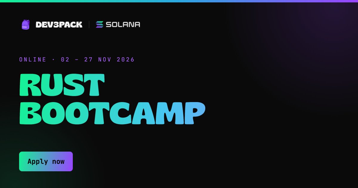 dev3pack_FR's tweet photo. Bootcamp Rust × Solana pour les étudiant·es 🦀 

Du 2 au 27 nov, apprends Rust et déploie ton premier programme on-chain sur Solana en partant de zéro avec @dev3pack

🌎 Gratuit et en ligne 
🎓 Certificat 
🤝 Débutant·es bienvenu·es 
 Inscrivez-vous ici 👉 https://t.co/766RiWwBqi https://t.co/9kfjY7Xhqd