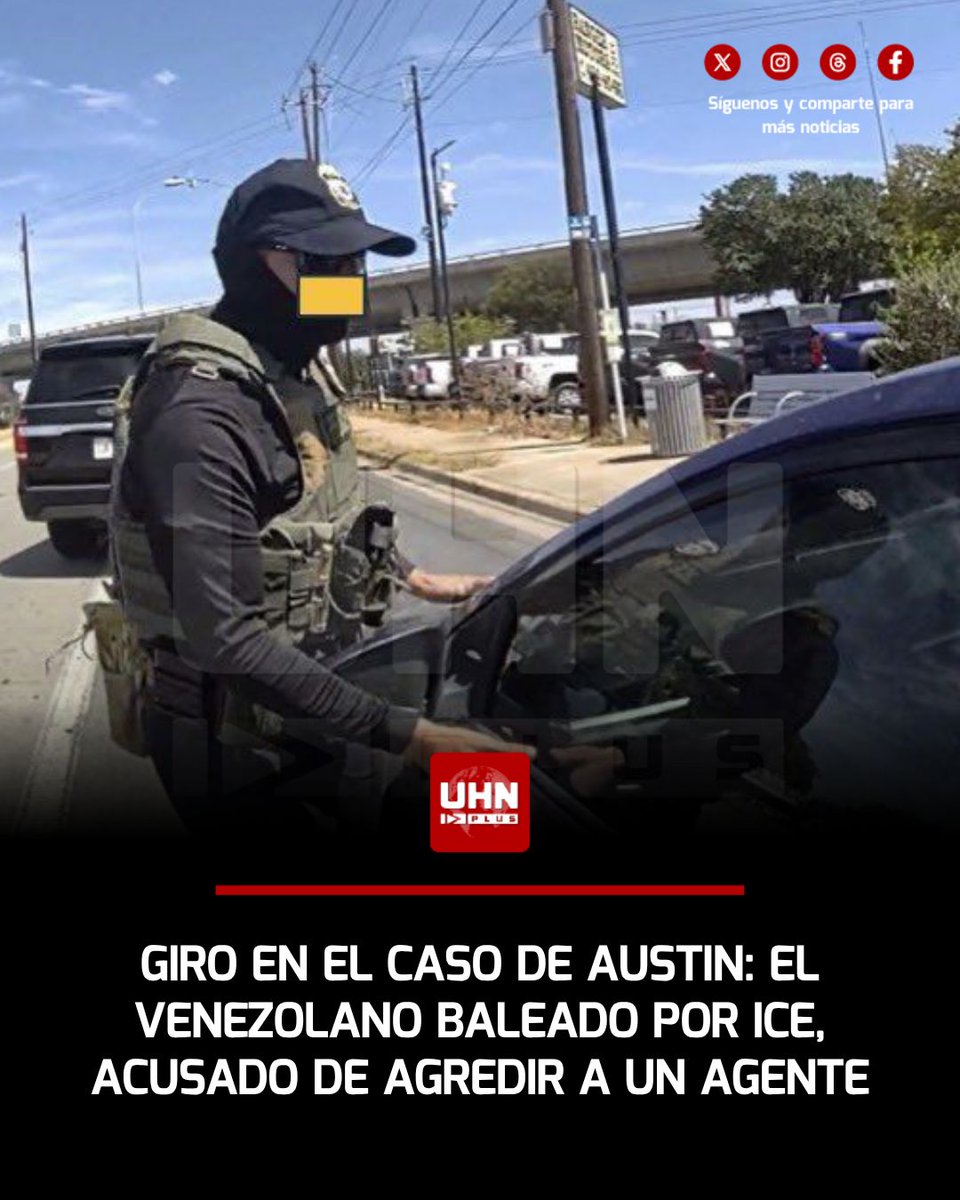 UHN_Plus's tweet photo. 🇺🇸🇻🇪‼️ | ÚLTIMA HORA — El venezolano con orden de deportación al que un agente de ICE disparó en Austin pasó de víctima a acusado: el Departamento de Justicia imputó a Wilber Rafael Garces Pérez por agredir a un agente federal. Según la denuncia, un video muestra que huyó de un control, golpeó a un agente con el espejo de su vehículo e inició una persecución de ocho minutos. Enfrenta hasta 20 años de prisión.