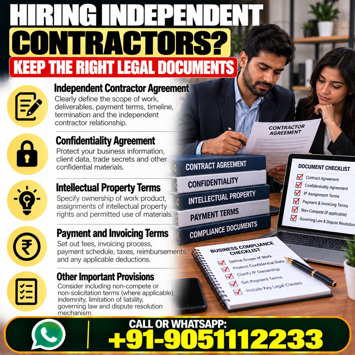 drakmphd's tweet photo. What legal documents should a small business maintain when hiring independent contractors? 
Call or WhatsApp: +91-9051112233 
#BusinessLaw #LegalCompliance #ContractLaw https://t.co/a9urlAg5o7