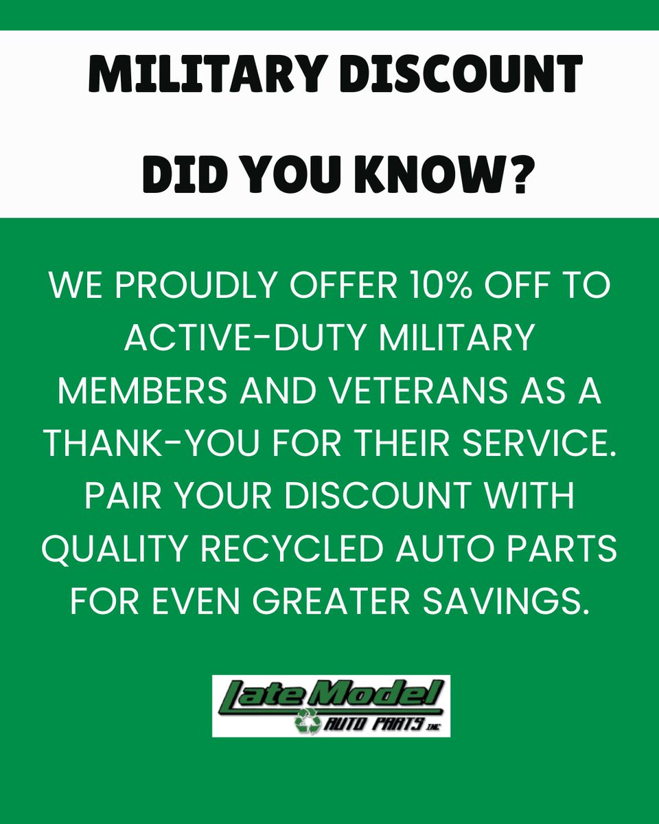 LateModelAuto's tweet photo. We proudly offer 10% off to active-duty military members and veterans as our way of saying thank you for your service. Pair your discount with quality recycled auto parts and save even more on your next repair. Ask our team for details! https://t.co/CJfv6cTcP7