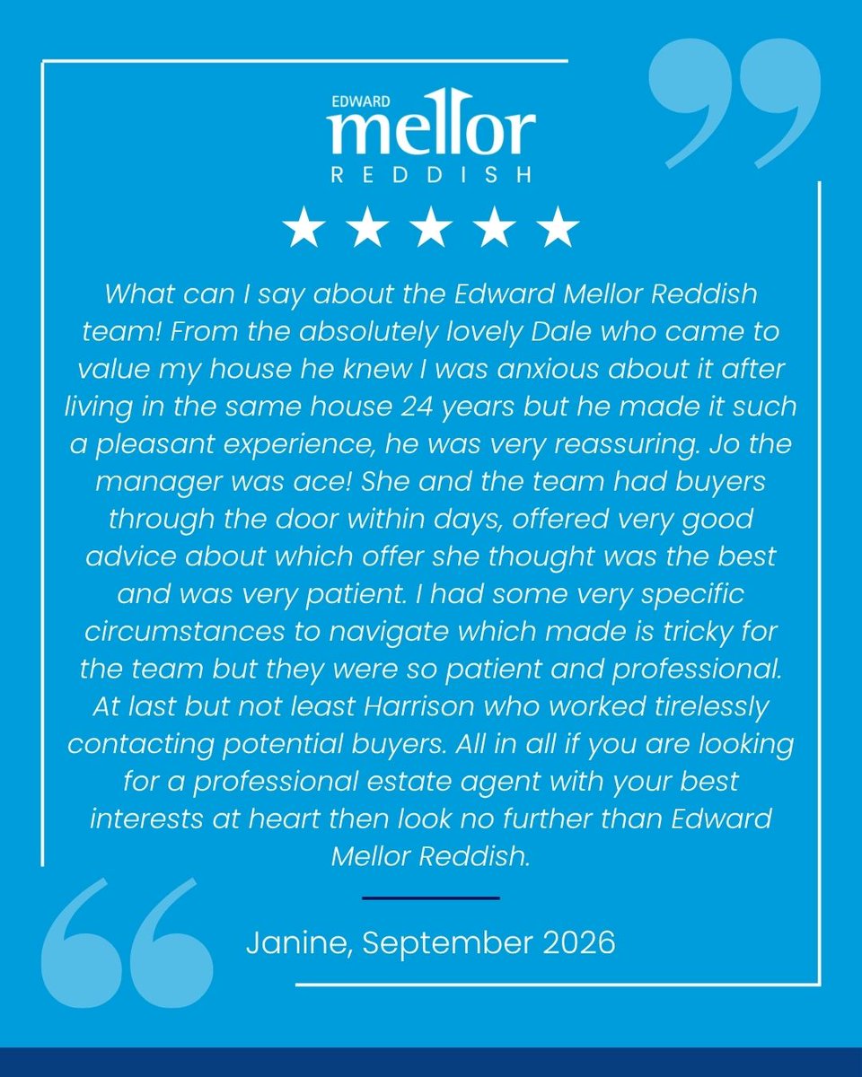 edwardmellor's tweet photo. Testimonial Tuesday! 🫶
🗨️ We'd love to hear about your experience with us ✨
🏡 Book a free valuation:
https://t.co/RK8l65X4wf
Contact Us:
📩 reddish@edwardmellor.co.uk
☎️ 0161 442 5033
#CustomerFeedback #TestimonialTuesday #EdwardMellor #Reddish https://t.co/FXg8ihwc41