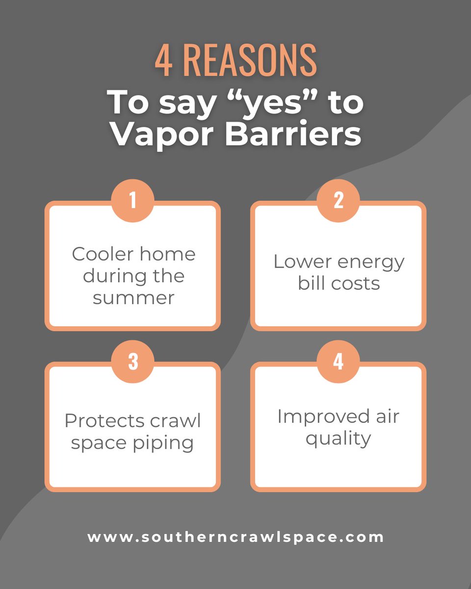 SouthCrawlSpace's tweet photo. Still on the fence about a vapor barrier? Here are 4 reasons to say yes:

✓ Cooler home

✓ Lower energy bills

✓ Protected crawl space piping

✓ Improved air quality

One upgrade. A lot of benefits.

#vaporbarrier #crawlspacerepair https://t.co/sW9W4dOcCM