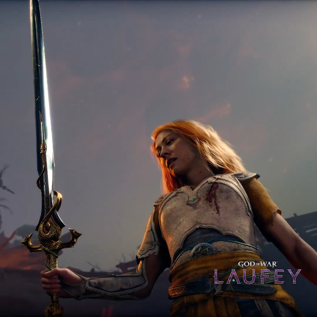 The image shows a blonde female warrior in battle-worn armor holding an ornate sword against a dusky sky, with the text "GOD OF WAR LAUFEY" displayed in the bottom right. This promotional visual accompanies the announcement that the character Laufey, inspired by Norse mythology, is available for pre-order in God of War, along with the listed cosmetic and resource bonuses.