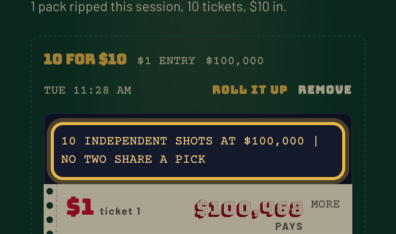 parlottoapp's tweet photo. Tip: a pack is 3, 5 or 10 tickets at one prize, and no two share a pick unless the board needs one to fill the count. Hit any one and you are at the prize.

Ticket on the board: $1 to $1,028,072.31 at theScore Bet. #NHL https://t.co/s5Jz7Rjseq