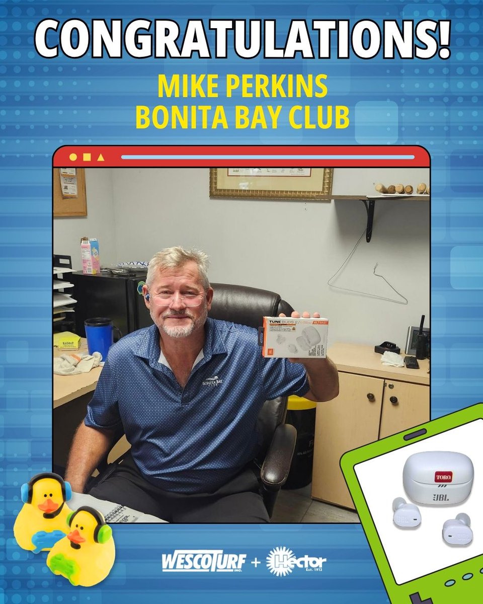 HectorTurf's tweet photo. 🦆✨ Another lucky duck has claimed a prize!

Congratulations to Mike Perkins of Bonita Bay Club, winner of Toro-branded JBL Tune Buds 2 earbuds in our latest Wesco Lucky Duck Contest. 🎧🎉

Thanks for participating and keeping the game going. We hope you enjoy your new gear!

#WescoLuckyDuck #LuckyWinner #Toro #JBL #ContestWinner