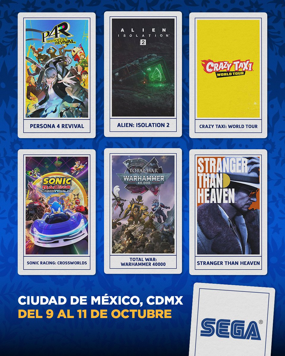 SegaLAOFICIAL's tweet photo. ¡SEGA está en México! 🇲🇽

Visítanos en Liverpool Gaming Fest del 9 al 11 de octubre en Centro Banamex, Ciudad de México, y sé de los primeros en probar nuestros próximos juegos. 🎮

¡Nos vemos allá! https://t.co/mM6BkA9cKN