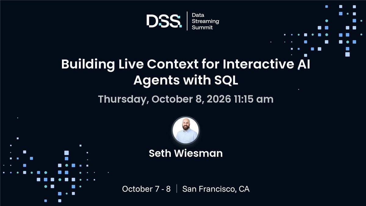 streamnativeio's tweet photo. Your AI agent just acted — but was its context actually current?
At #DSS26, Seth Wiesman will show how to build continuously updated, agent-ready context with SQL and keep the read → act → react loop fresh.

👉 Explore + register: https://t.co/qiNXGtJVvR

#DSS #AgenticAI #SQL https://t.co/ZyH7R3yDkJ