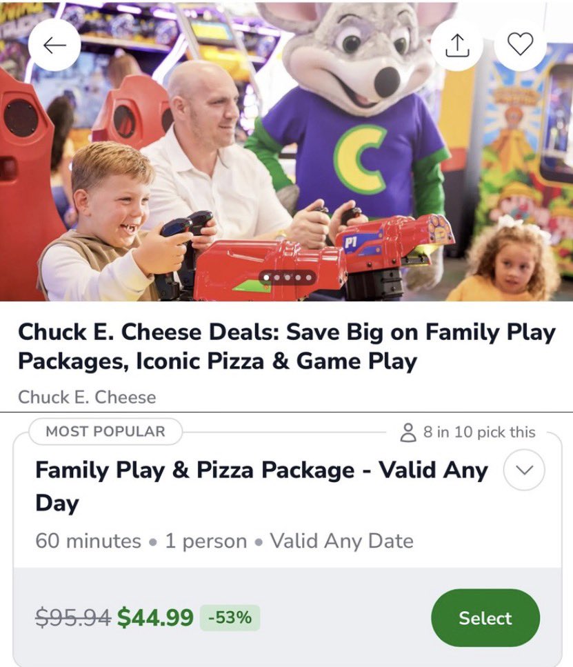DealsWithJack's tweet photo. #Ad #GrouponSeptemberDeals 
Chuck E. Cheese for under $45?! 👀🍕🎮 This Family Play &amp; Pizza Package is only $44.99 (53% off!) and is valid ANY day!

https://t.co/e6pdu2yiwf

#ChuckECheese #FamilyFun #FamilyDeals #KidsActivities #Pizza #Deals #GrouponDeals https://t.co/6iDyorOcY3
