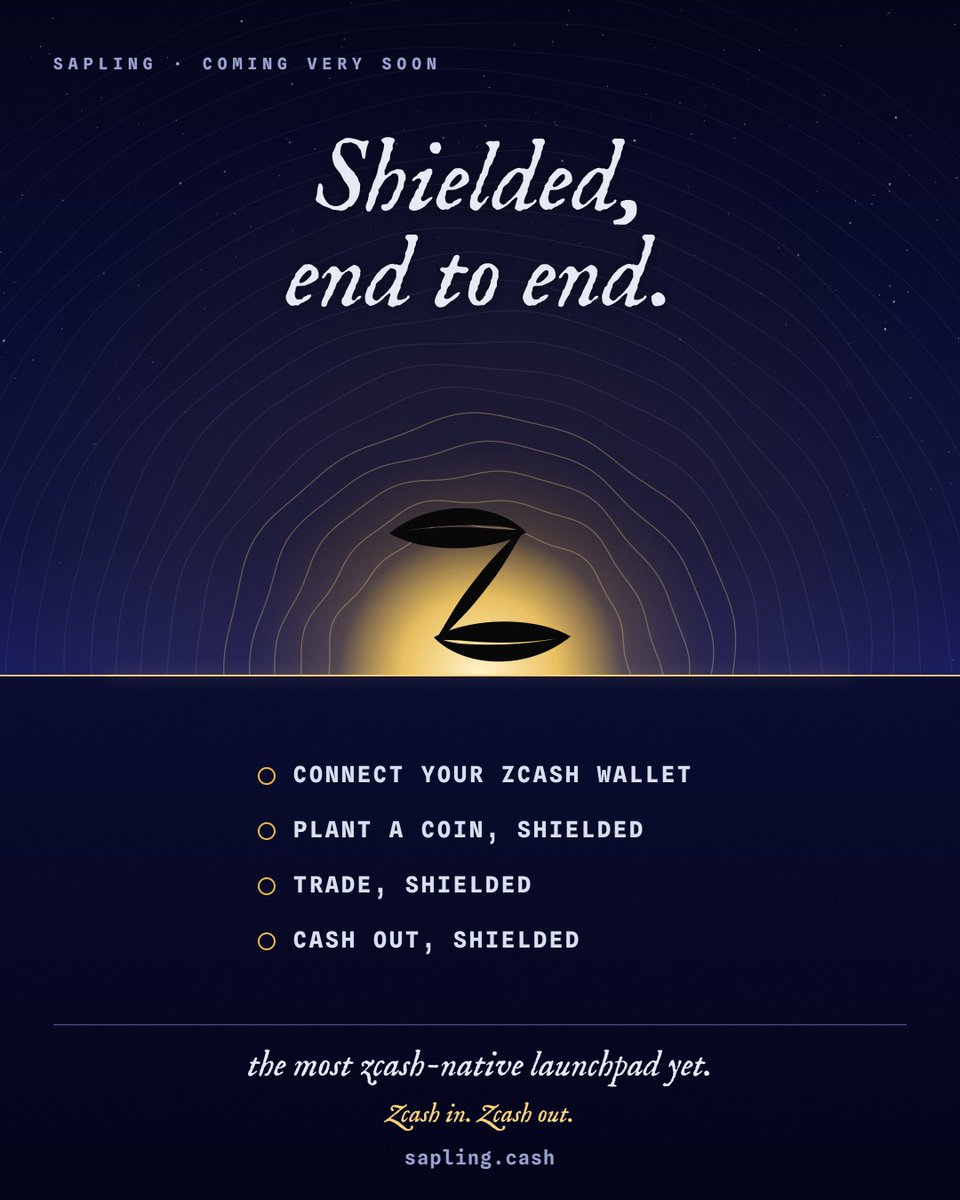 saplingdotcash's tweet photo. coming very soon: shielded, end to end.

- connect your zcash wallet
- launch a coin, shielded
- trade, shielded
- cash out, shielded

we've been building it since before launch. the most zcash-native launchpad yet on @solana / @Pumpfun.

zcash in. zcash out. 🛡️