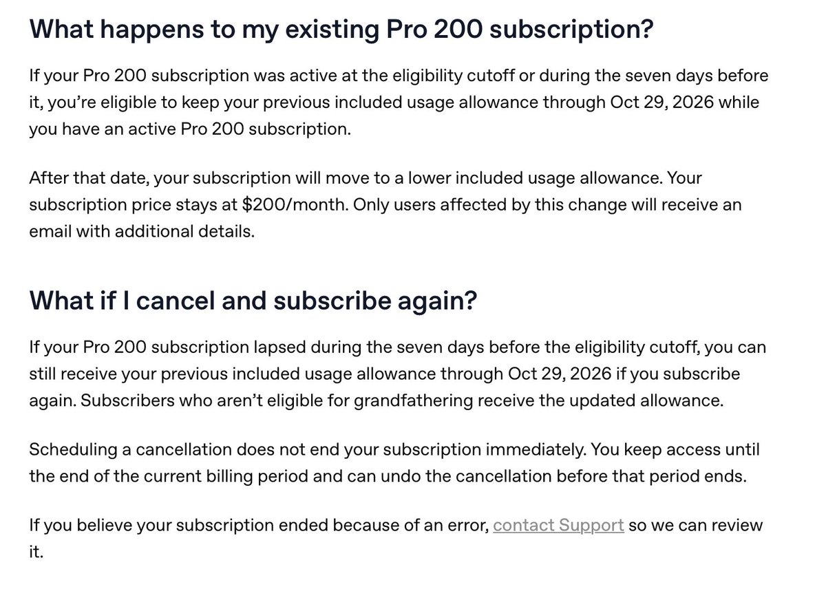 SullivanOLsome's tweet photo. If you’re on Pro 200: the old higher usage allowance is only grandfathered through Oct 29, 2026. After that you still pay $200/mo, but included usage drops to the new lower plan.

https://t.co/p0dB2ot09h https://t.co/nMfYC7AMcU