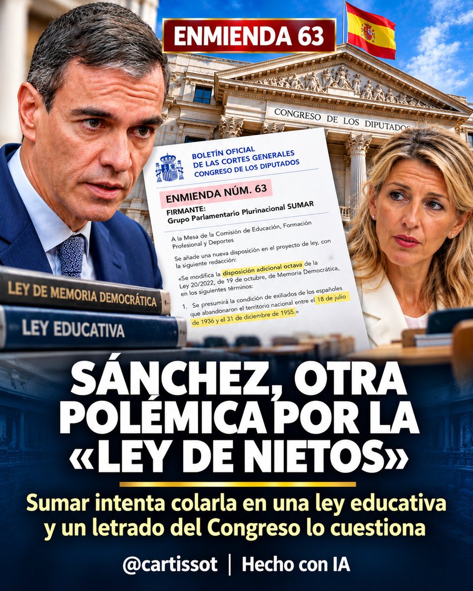 cartissot's tweet photo. 🚨 NUEVA POLÉMICA PARA SÁNCHEZ: SUMAR INTENTA COLAR LA «LEY DE NIETOS» EN UNA LEY EDUCATIVA

La polémica vuelve a estallar alrededor de la llamada «ley de nietos». Esta vez, por el camino elegido: Sumar ha presentado una enmienda para modificar la Ley de Memoria Democrática dentro de una reforma dedicada a ratios de alumnos, jornada lectiva y condiciones de los docentes.

¿Y qué pretende cambiar? Presumir la condición de exiliados de todos los españoles que abandonaron España entre el 18 de julio de 1936 y el 31 de diciembre de 1955, una modificación que afecta al régimen de acceso a la nacionalidad previsto en la disposición adicional octava de la Ley de Memoria Democrática.

Pero aquí llega el choque.

Según la información publicada, el letrado de la Comisión de Educación ha cuestionado la maniobra porque considera que no existe conexión material entre esa modificación y el proyecto educativo. El informe recuerda además la doctrina del Tribunal Constitucional y advierte de una posible vulneración del artículo 23 de la Constitución si se ignora esa exigencia.

Y hay un detalle especialmente llamativo: el letrado señala que la enmienda fue presentada «sin justificación alguna».

Ahora la decisión queda en manos de la Mesa de la Comisión de Educación. El informe no elimina automáticamente la enmienda, pero coloca sobre la mesa una pregunta difícil de esquivar: ¿por qué modificar las reglas vinculadas a la nacionalidad mediante una ley destinada a reformar el sistema educativo?

El PP habla de un intento de introducir el cambio «por la puerta de atrás» y acusa al Gobierno de querer alterar el censo electoral. Es una acusación política del PP: el informe jurídico cuestiona el procedimiento y la conexión de la enmienda con la ley educativa, pero no acredita por sí mismo esa finalidad electoral.

📰 Fuente: @voz_populi
Información: @alvaromansoo