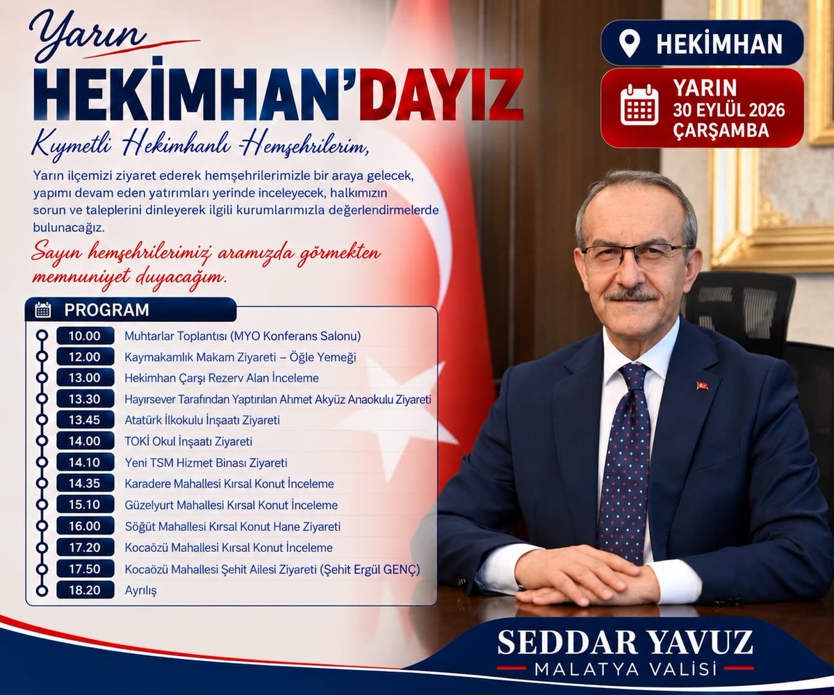SeddarYavuz's tweet photo. Yarın #Hekimhan’da hemşehrilerimizle bir araya geliyoruz.

İlçemizde devam eden yatırımları yerinde inceleyecek, kamu hizmetlerini değerlendirecek, hemşehrilerimizin talep ve önerilerini dinleyeceğiz.

Hekimhan’ımız için hep birlikte çalışmaya, ilçemizin ihtiyaçlarını yerinde değerlendirmeye devam edeceğiz. 🇹🇷

#Malatya