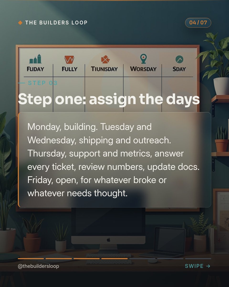 BibiMeccats53's tweet photo. Most solo founders don’t fail because of a bad idea. They fail by treating each week like a to-do list instead of a rhythm. Assign each day one job: Monday for building; Tuesday and Wednesday for shipping and outreach; Thursday for support and https://t.co/Ds1PCFxWta