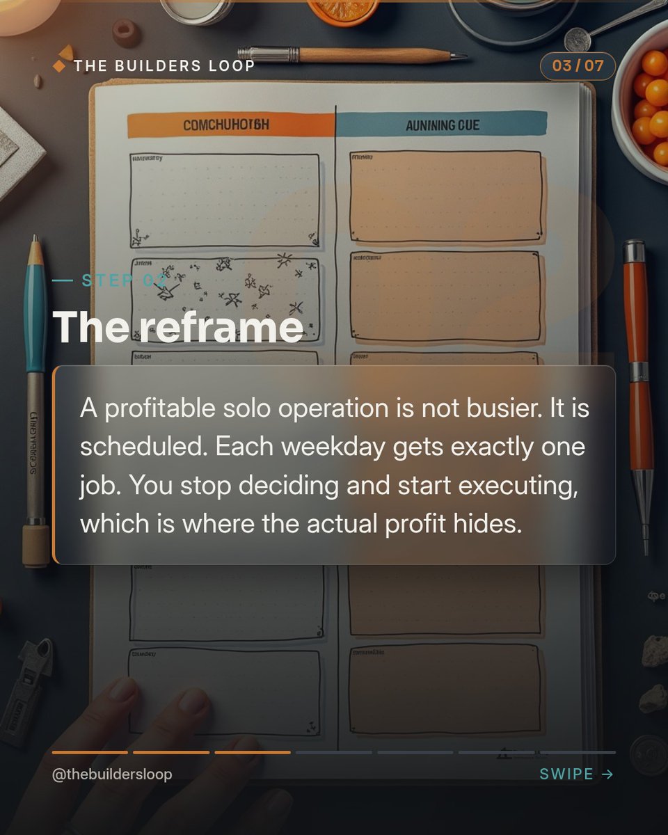 BibiMeccats53's tweet photo. Most solo founders don’t fail because of a bad idea. They fail by treating each week like a to-do list instead of a rhythm. Assign each day one job: Monday for building; Tuesday and Wednesday for shipping and outreach; Thursday for support and https://t.co/Ds1PCFxWta