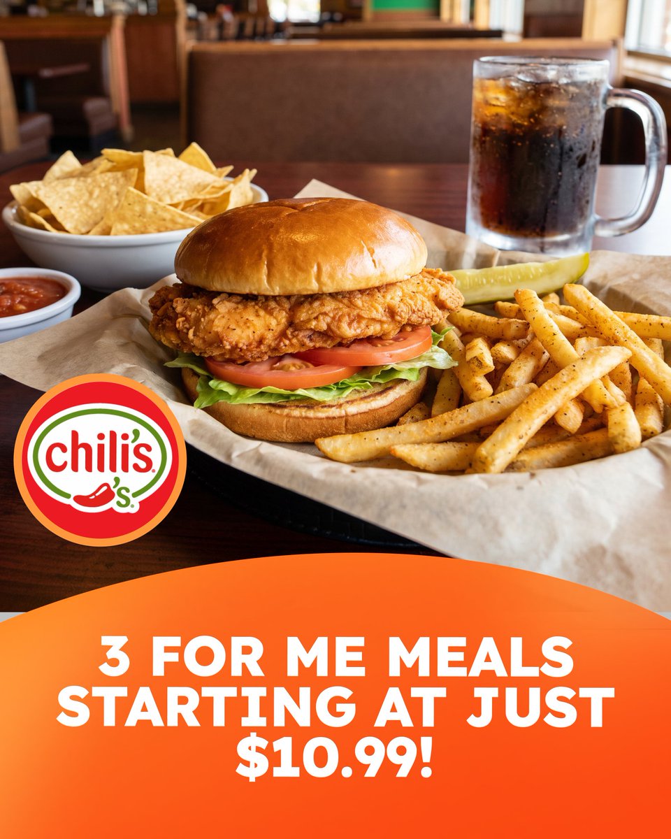 dealseek's tweet photo. Chiliβs 3 For Me starts at $10.99 and includes a drink, starter, and full-size entrΓ©e.π€©
Thatβs a full sit-down meal for basically fast-food money. ππΈ
#Chilis #MealDeals #DealSeek https://t.co/LjSSXDFRfQ
