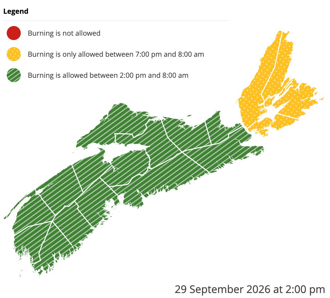 NS_DNR's tweet photo. Burning is not permitted between 8 am and 2 pm.

Check before you burn and know your municipal bylaws.

https://t.co/ei1E0TDj8s https://t.co/pFDN8wfG9Z