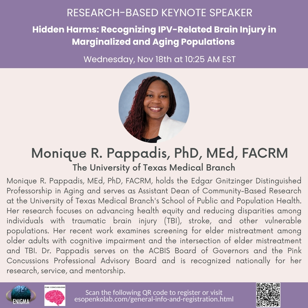 EnigmaIpv's tweet photo. Our research-based keynote speaker for the 2026 ENIGMA IPV and @PinkConcussions  IPV-BI Conference is Dr. Monique R. Pappadis!

You won't want to miss her talk, so register at the link below!

Registration: https://t.co/8B2ZT57TNW 

For more info, visit: https://t.co/WupnDWJ46F https://t.co/vWsudL4EDN
