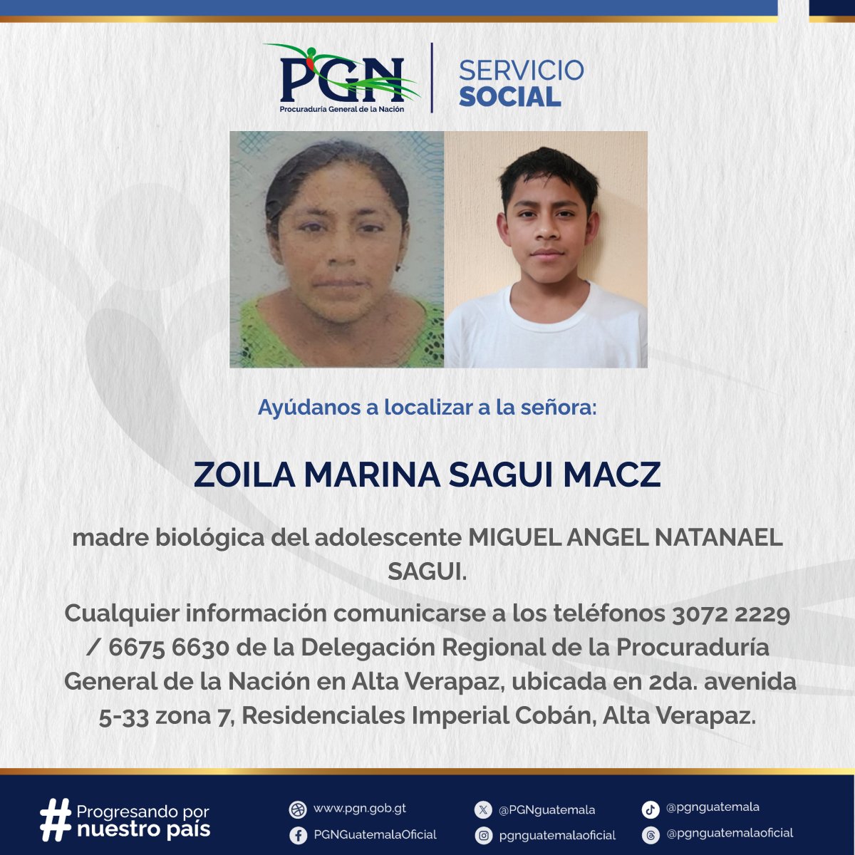 PGNguatemala's tweet photo. Tu ayuda es importante, comparte la imagen para encontrar a la señora ZOILA MARINA SAGUI MACZ . #ServicioSocial #PGN https://t.co/UZx20EIOsz
