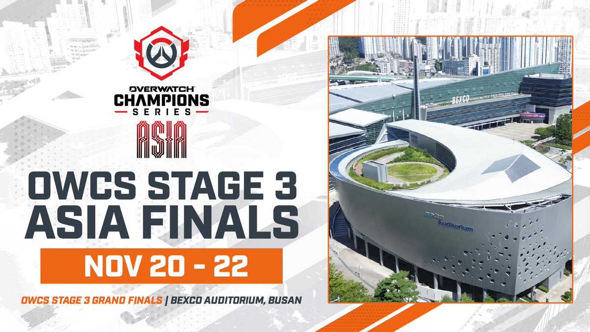 OW_Esports's tweet photo. The OWCS Asia Stage 3 Finals are heading to G-STAR! 

The 8⃣ best teams from KR, JP, and PAC will compete from Nov 20-22 at the BEXCO Auditorium to see how the region stacks up 👀 

Ticket holders also get same-day admission to the exhibition hall to check out the convention! https://t.co/AHbYxaVtYE