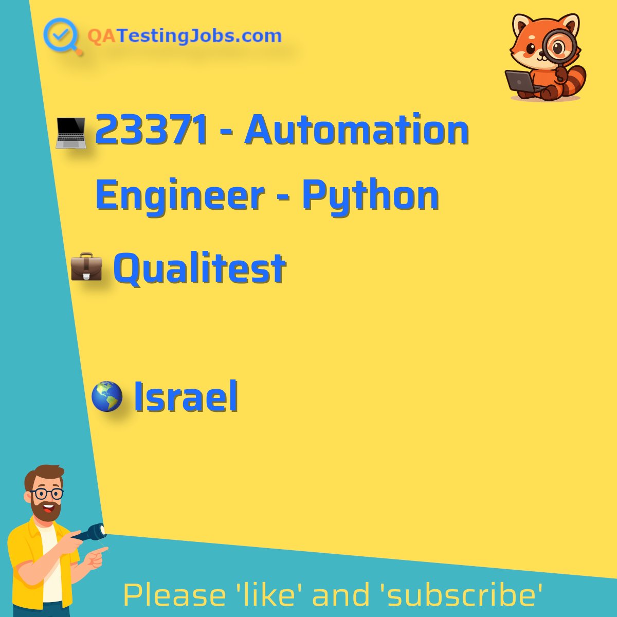 QATestingJobs's tweet photo. Title: 23371 - Automation Engineer - Python
Company: Qualitest
Country: Israel
City: Tel Aviv
Employment Type: full-time
Location: hybrid
Remote/Onsite: hybrid
Visa Support:
Link: https://t.co/9kbHPQIp0g #analyticalthinking #apitesting #automatedtesting #dataintegrityvalidation https://t.co/vfkrxA3wCs
