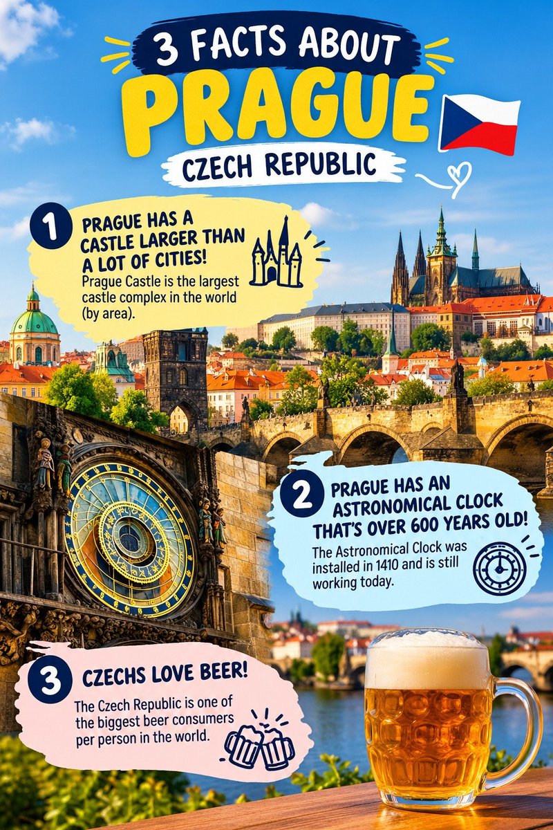 travelguide121's tweet photo. 3 Amazing Facts About Prague You Probably Didn’t Know! 🏰🍺

From the world's largest ancient castle complex to a 600-year-old astronomical clock, Prague is full of surprises! 😍

📍 Would you add Prague to your travel bucket list? Let us know in the comments! 👇

#Prague #Czech https://t.co/szNZOZr4B9