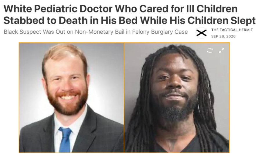 Matt_Bracken48's tweet photo. A respected pediatric critical-care doctor who dedicated his career to treating gravely ill children was stabbed to death inside his Pennsylvania home early Thursday morning while his own two children were sleeping nearby.

And the man accused of the horrific attack was reportedly already facing felony burglary charges, and had been released on non-monetary bail.

Dr. Idris V.R. Evans, 46, served as co-medical director of the Pediatric Critical Care Transport Team at UPMC Children’s Hospital of Pittsburgh and as an assistant professor of critical care medicine at the University of Pittsburgh School of Medicine, according to his profile on the University of Pittsburgh.

Colleagues described him as a dedicated caregiver whose work focused on the sickest kids, pediatric sepsis, critical care transport, and keeping children alive when they arrived at the hospital in the worst possible shape.

That life ended around 12:30 a.m. Thursday in the family’s Edgewood home on Linden Avenue, KDKA reported.

According to WPXI, citing Allegheny County police and court documents, 32-year-old Elijah Hemingway of Pittsburgh’s Hazelwood neighborhood entered the home through a window, went to the third-floor bedroom, and attacked Evans and his wife with a kitchen knife while they slept.
[Rest at Substack link in first reply to avoid post Extinction]