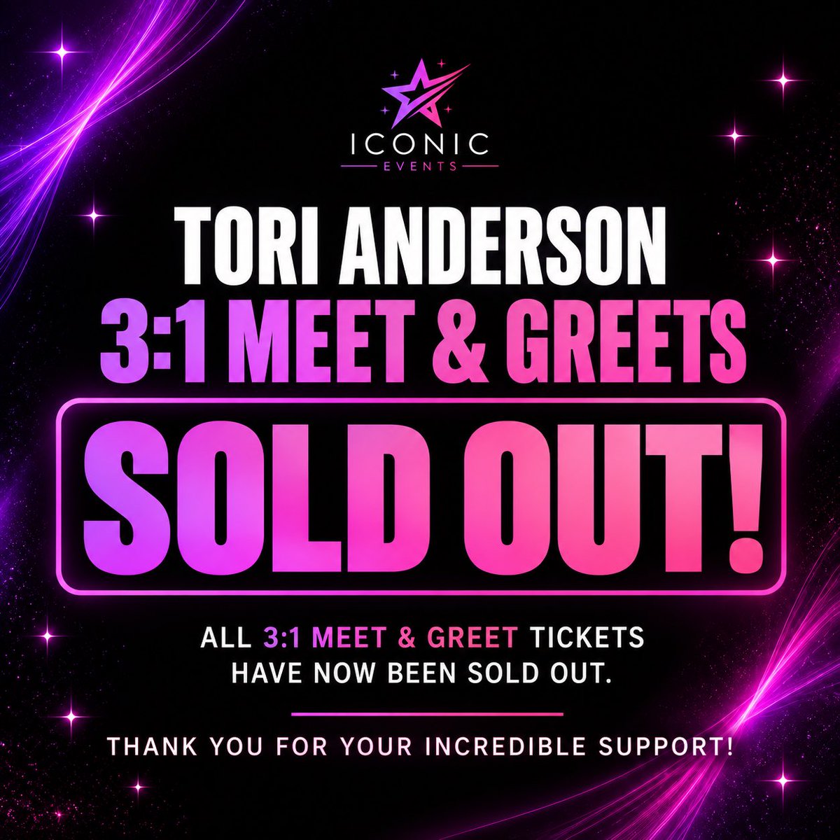 icncevents's tweet photo. 3:1 MEET &amp; GREETS ARE OFFICIALLY SOLD OUT! 

Every 3:1 spot for Iconic From Home with Tori Anderson has now been claimed!

Thank you so much for the incredible support. 

And we’re not quite done yet… 
There are still a few panel tickets left

#IconicEvents #ToriAnderson https://t.co/5ksGXhJLxU