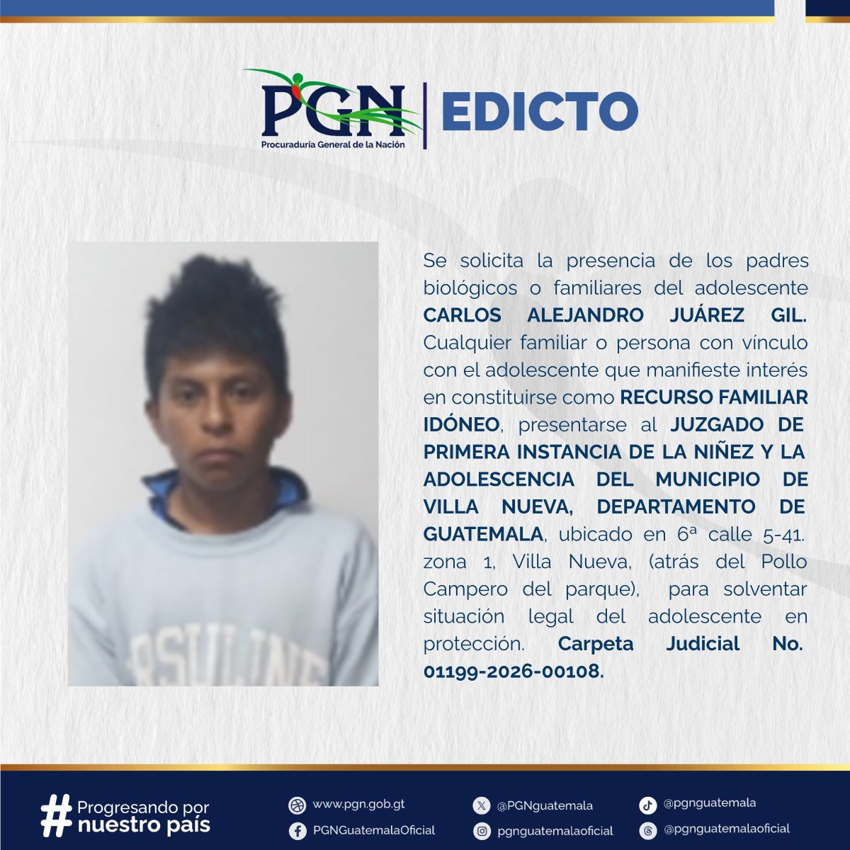 PGNguatemala's tweet photo. Tu ayuda es importante, comparte la imagen para encontrar un familiar de CARLOS ALEJANDRO JUÁREZ GIL. #Edicto #PGN https://t.co/nqENxyRYfH
