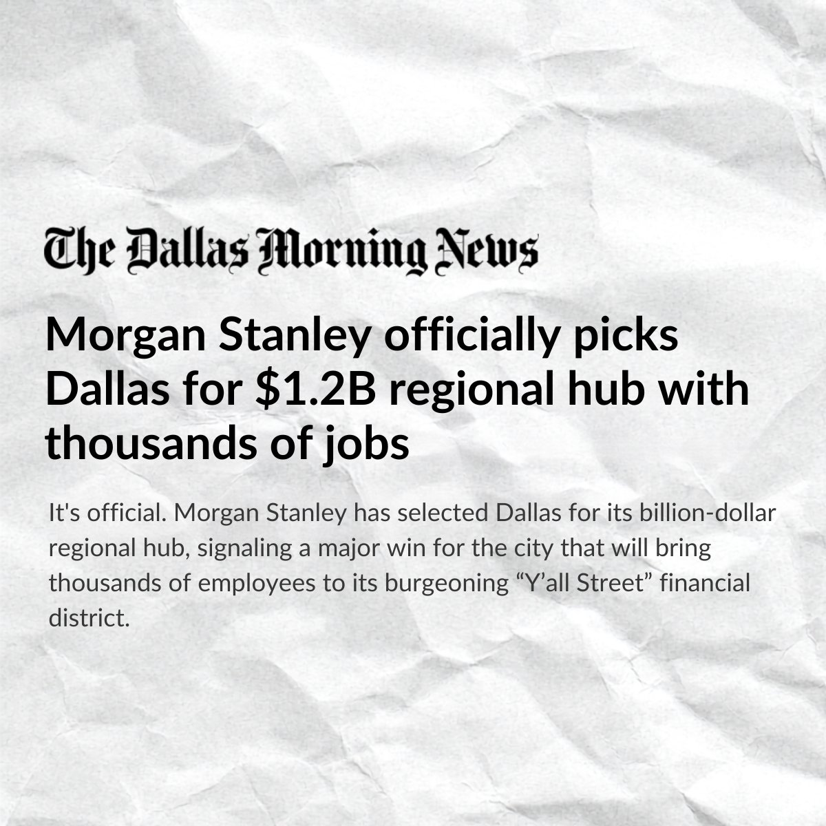 DanPatrick's tweet photo. Texas is open for business!

Morgan Stanley is investing $1.2 BILLION in Dallas and bringing thousands of jobs to Texas. https://t.co/m6qtLglVah