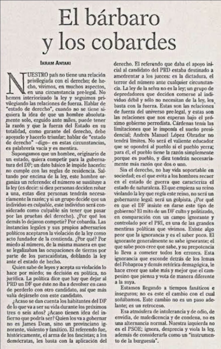 Trolmalpagado's tweet photo. Pese a ser observadores distantes,  inexpertos, muchos ya veíamos desde 1996 quién era López. 

La inolvidable pensadora sirio mexicana Ikram Antaki, lo retrató en tan breve como genial artículo, en el año 2000.  

Sí podía saberse. 

La tragedia TUVO MUCHOS PADRES. 
👇 https://t.co/adQP9Xv0EF