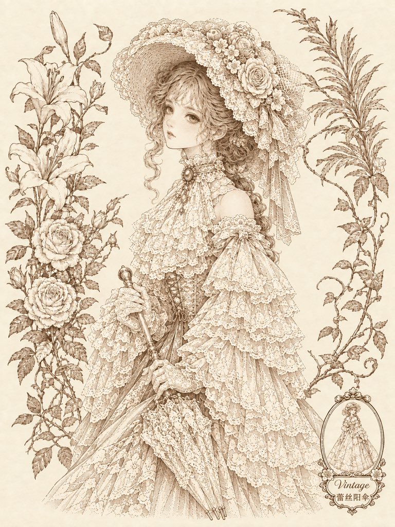 ai_li8668's tweet photo. Lace parasol: Victorian lady’s sunshade and etiquette. Lace, ribbons, flowers — garden tea party elegance. https://t.co/GhnTnFjbku