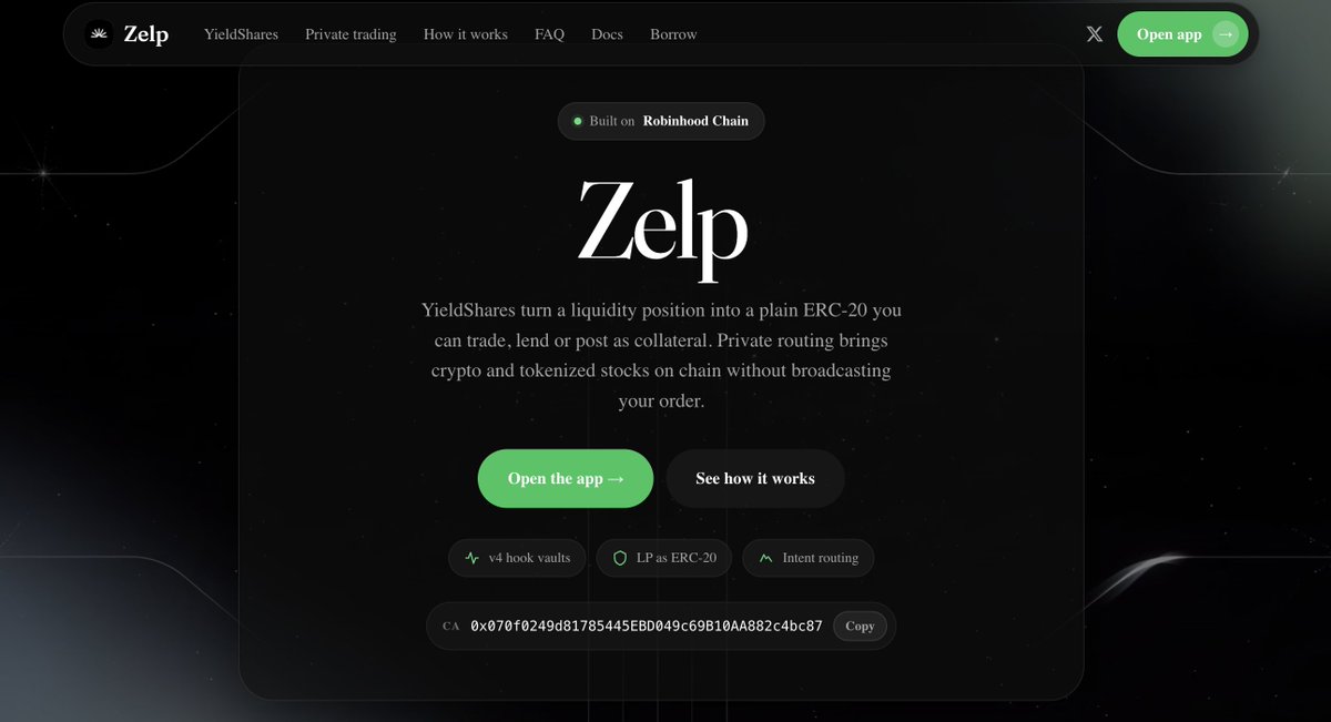 tryzelp's tweet photo. Zelp - liquidity that keeps working.

Deposit into a vault to receive YieldShares, an ERC-20 you can transfer or use as collateral while fees increase its redemption value.

Built on Robinhood Chain. Explore: https://t.co/L7o1SweJMc

Live on @ponsdotfamily 
CA: 0x070f0249d81785445EBD049c69B10AA882c4bc87