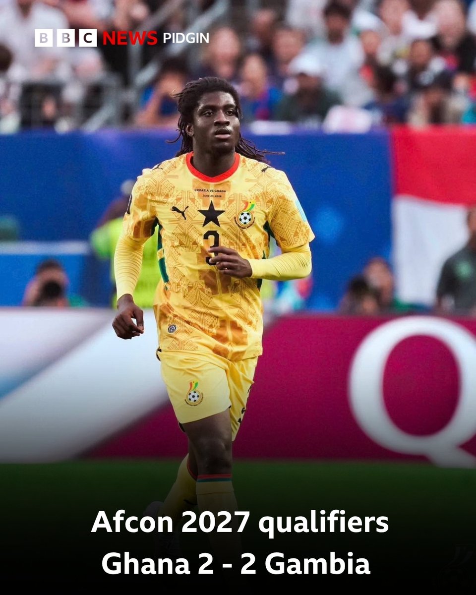bbcnewspidgin's tweet photo. Gambia no wan gree for Ghana for dia Afcon 2027 qualifiers as dem play 2-2 for first half.

Second half go soon start. Wetin be your prediction?

Follow live updates for here: https://t.co/Ofh2Y1hDz2 https://t.co/Xy5GZUz0S1