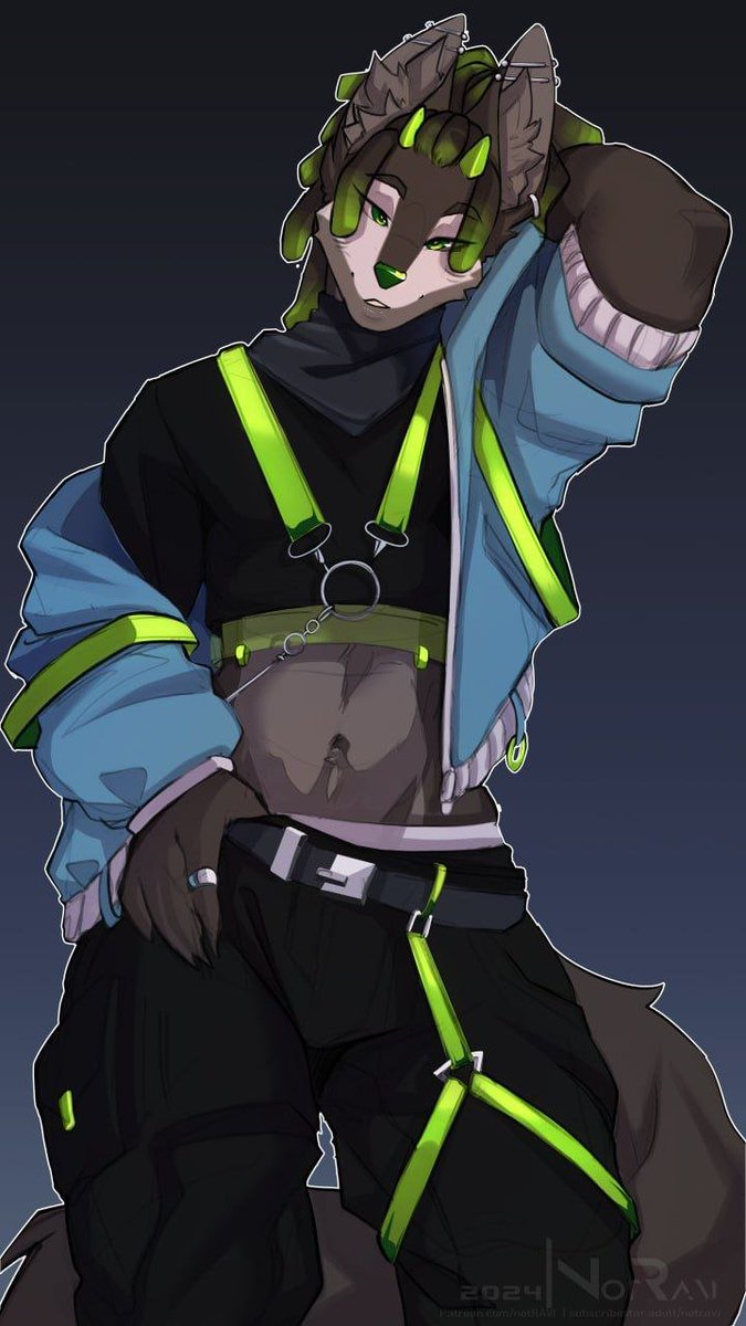 KaitheWolf3's tweet photo. Some days Kal actually bothers to look presentable.

…“Presentable” apparently meaning enough straps, neon, and attitude to make staring somebody else’s problem. 💚

No trouble planned, no ulterior motive, just a wolf enjoying the rare occasion where the outfit is doing most of the flirting for him.

Try not to look too long though.

He will notice.~

Art by my lovely friend @notravi_