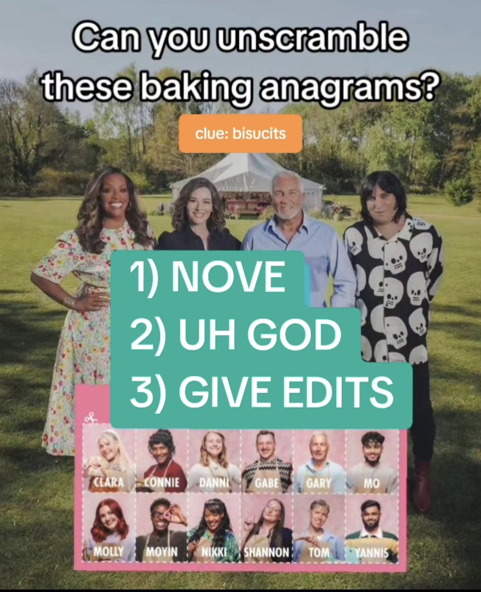 Bobby_Seagull's tweet photo. Are you watching episode 2 of Great British Bake Off tonight 8pm?
Can you solve these biscuit related anagrams? π€
#GBBO #BakeOff #GreatBritishBakeOff #StarBaker #quiz https://t.co/CGxfyWeC6l