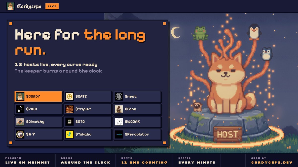 cordyceps_sol's tweet photo. Cordyceps is live and building for the long run

Today the colony opened on Solana mainnet
12 hosts are in the clearing: $CORDY, $CATE, $neet, $PAID, $TripleT, $fone, $Jimothy, $OTC, $WOJAK, $67, $Tokabu and $Percolator 

Every one of them has its curve ready, so a sprout can grow on any of them right now

The keeper samples every host around the clock, claims the fees and burns the hosts

https://t.co/3ZGZgs1EG6 now shows the colony's pulse: every new host, sprout and burn scrolls by the moment it lands on chain

No roadmap promises, just a program that keeps running

More hosts every day, reply with your https://t.co/6fqA8rJp4w coin and we plant it next
