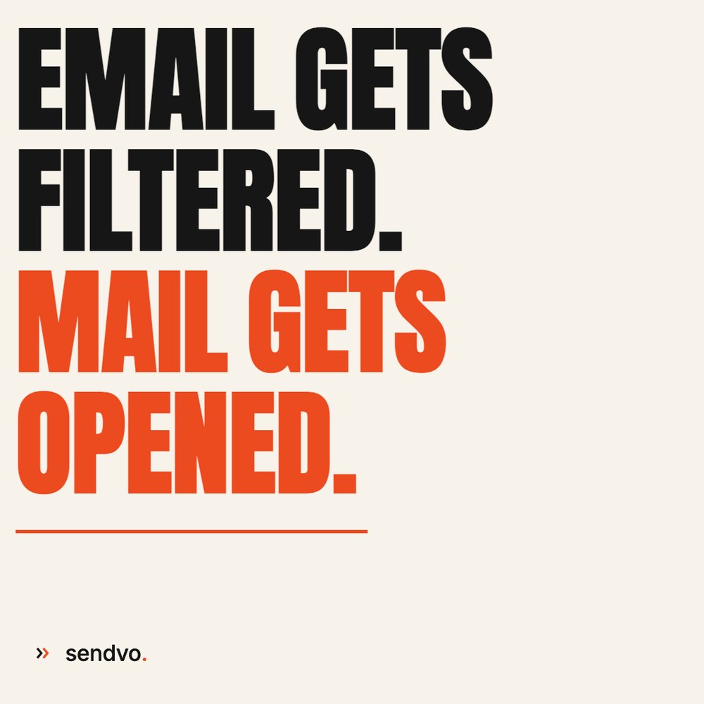 Sendvo's tweet photo. Email gets filtered. Mail gets opened.

Your customer's inbox has a spam folder. Their mailbox doesn't. https://t.co/RMOsGCzzFE