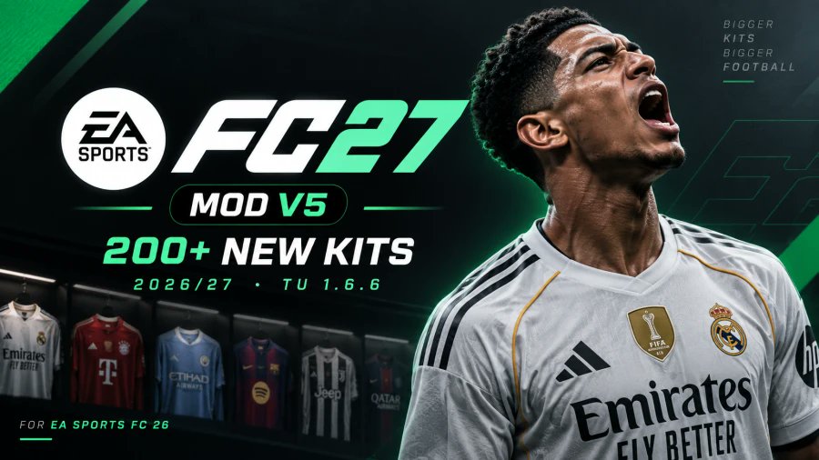 PeSoccerWorld's tweet photo. ⚽🔥 ¡FC27 Mod V5 ya disponible para EA SPORTS FC 26!

📦 Más de 200 nuevos kits 2026/27
🔄 Fichajes actualizados
🌍 Big 5 Leagues + segundas divisiones
🏆 Todos los kits del Mundial 2026
✨ Nuevos logos, sponsors, fuentes y dorsales
⬆️⬇️ Ascensos y descensos
⚽ Balones 2026/27
✅ Compatible con TU 1.6.6 y FIFER Realism Mod

❤️ ¡LIKE + 🔁 RT si quieres más mods para FC 26!

#FC26 #EASportsFC26 #FC27Mod #FC26Mods #PCGaming

Link de descarga, en el primer comentario 👇