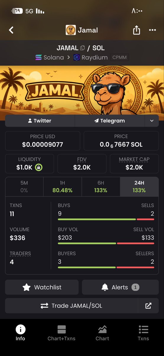 Jamalcoinsol's tweet photo. JAMAL $2K MCAP 🔓
9 Buys vs 2 Sells 📈
Liquidity $1K Locked
From Layla to the world 🐪🇸🇦
Next target $12K

#meme #sol #JAMAL #crybto https://t.co/Pb3RLqLglL