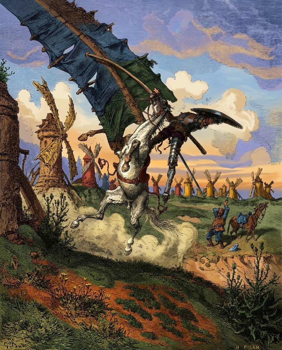Plantagenet1455's tweet photo. This dynamic 1863 illustration, The Adventure with the Windmills, brings to life the moment in Don Quixote when the idealistic knight mistakes windmills for an army of giants. Miguel de Cervantes, the literary mastermind behind the classic, was born on this day in 1547. 📖 https://t.co/Y1i29Fu346