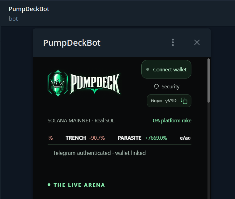 deckpump's tweet photo. The Telegram app is now live and fully functional!

Search for PumpDeckBot.

Just start a conversion with it and click open to connect your wallet and sit at a table and start matching your opponents. https://t.co/MzD1GnhLd2