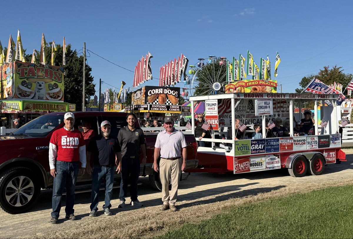AdamCBird's tweet photo. Great first day at the Brown County Fair.  Awesome to join the parade with @davetaylorOH, Justin Pizzulli, Frank Fussnecker, Traci Stamper, Jill Hall, Mariah Votel and many other Brown County patriots who love America and southern Ohio. 🇺🇸🇺🇸 https://t.co/FgaxUy8B71