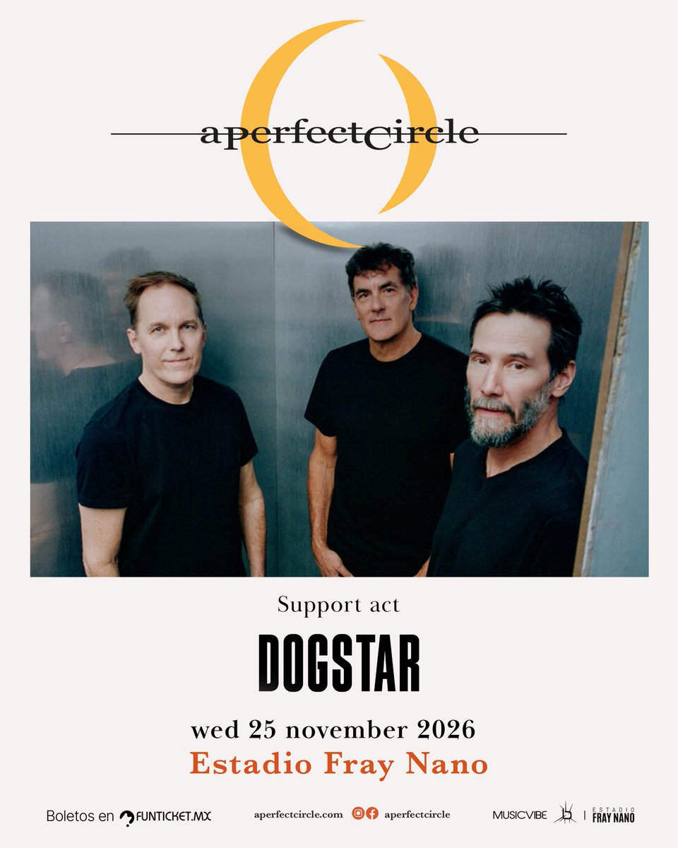 noxpressmx's tweet photo. 🔥🎸 @dogstalansari30  banda de rock alternativo en la que milita Keanu Reeves se suma al esperado concierto de @APerfectCircle
y @Puscifer en Ciudad de México.
📍 Estadio Fray Nano, CDMX
📅 25 de noviembre

La velada reunirá a tres proyectos únicos encabezados por algunas de las figuras más reconocidas del rock alternativo contemporáneo, convirtiéndose en una de las citas imprescindibles del año para los seguidores del género.

⚡ A Perfect Circle
⚡ Puscifer
⚡ Dogstar
⚡ Dave Hill
@Musicvibe_mx 
#Dogstar #KeanuReeves #ConciertosMX #MetalNews